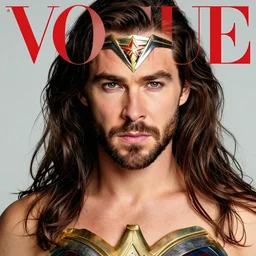 Chris Hemsworth dressed as Wonder Woman, Vogue cover photo, realistic face, detailed face, highly detailed, professional photo