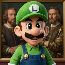 hyper realistic, realistic - anime, portrait, beautifully rendered, luis guzman as luigi wearing green, smirking deviously, luigi, luigi's nose, painted by jan van eyck, albrecht durer, greg rutkowski, wlop, artgerm, dishonored 2,