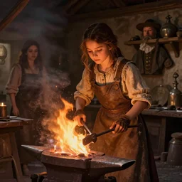 portrait of a young girl working in a blacksmith's forge, fantasy art, fire, digital art, unreal engine, in the style of lilia alvarado and francisco de goya,