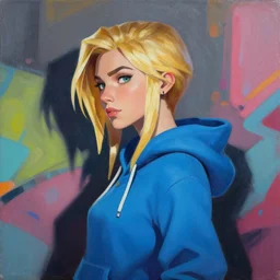greg manchess portrait of a beautiful girl with blonde hair, wearing a blue hoodie, as an overwatch character, medium shot, asymmetrical, cinematic lighting, sharp shadows, profile picture, organic painting, matte painting, bold shapes, hard edges, street art, trending on artstation, by huang guangjian and gil elvgren and sachin teng