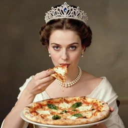 a historical photo of young beautiful queen margherita of italy, eating a pizza margherita with her hands, intricate detailed tiara, pearl necklace, hand colored photo, smooth lighting, masterpiece, perfect symmetry