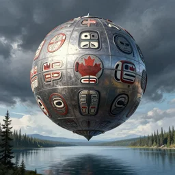 a giant metal sphere, addorned with canadian aboriginal patterns!!!!!!!, hovering above a lake in Yukon, Ralph McQuarrie, concept art, dramatic perspective.