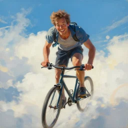 A striking painting of a happy man flying in the sky on his bicycle in the clouds, closeup, award-winning digital art by Ross Tran