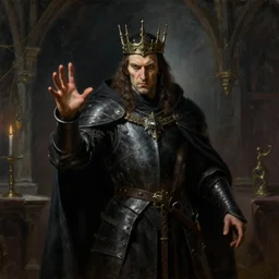 A dark mage. He is wearing mage armor and a crown. He is frowning seriously. He is preparing to cast a dark spell. He is standing in a wizards room.  Award winning oil painting by Thomas Cole and Wayne Barlowe. Highly detailed