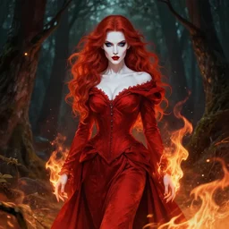 full portrait of an evil female pyromancer in the woods, elegant red dress, long skirt, detailed face, white skin, red hair, red lipstick, blue eyes, fire everywhere, high fantasy, dnd, highly detailed, digital illustration, by artgerm, greg rutkowski, alphonse mucha