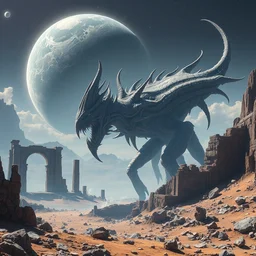 the anatomy of a celestial cosmic lovecraftian horror monster by bruce brenneise and peter mohrbacher, ancient ruins in background, large exoplanet in the sky, alien planet with craters and large structures, hyperrealism highly detailed stylized environment art, 3 d render, neosurrealism. digital concept art, pixel art, rendered in octane, trending on cgsociety, trending on artstation