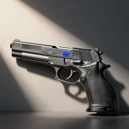gun with a blue crown logo design imprinted on it