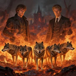a pack of wolves, in the hell, fire, lava, by greg rutkowski and thomas kinkade and christophe vacher. fantasy, epic, dramatic, realistic, artstation, 4 k