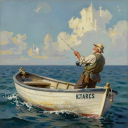 a matte painting of an old man holding on to a fishing line in a fishing skiff as he is pulled out to sea, in the style of, greg rutkowski and remedios varo, digital painting, photorealistic, ornately detailed, unreal engine, extremely detailed masterpiece, illustration, trending on artstation