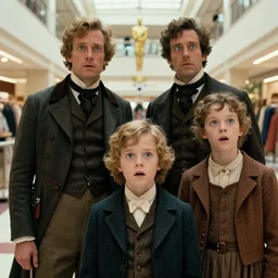 sharp, highly detailed, 8k, 65mm film, high quality frame scan from a sci fi blockbuster color movie made in 2019, a family of four time travelers from 1860 travel in time to 2019, appearing in a shopping mall, looking surprised, the family are all wearing 1860s era clothes, good lighting, in focus, cinematic still, high quality scan, in focus, 35mm lens, reflective eyes, realistic faces and details, oscar winner, award winning lighting, award winning photography, ultra high definition