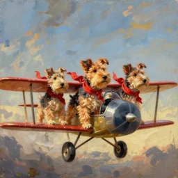 3 toy fox terriers flying a biplane, wearing red scarves flapping in wind, dramatic oil painting, aperture gradient