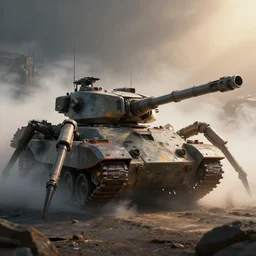 sci fi battle tank with mech spider legs, fog, highly detailed, cinematic, dramatic lighting, 8 k