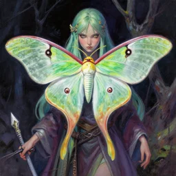 luna moth sorcerer. this heavily stylized gouache painting by the indie comic artist has interesting color contrasts, plenty of details and impeccable lighting.
