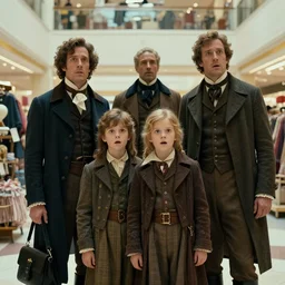 sharp, highly detailed, 4096k film, 3500mm frame scan from a sci fi blockbuster color movie made in 2019, a family of four time travelers from 1860 travel in time to 2019, appearing in a shopping mall, looking surprised, the family are all wearing 1860s era clothes, cinematic lighting, in focus, cinematic still, high quality scan, in focus, 700mm f/1.4L lens