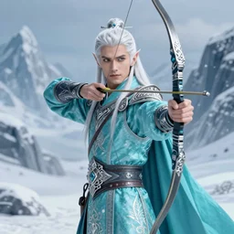 half length portrait of a handsome male snow elf in a turquoise cape and silver ornate armour as an archer, archer portrait, magical tundra background, albino skin, by wenjun lin, krenz cushart, trending on artstation, award - winning