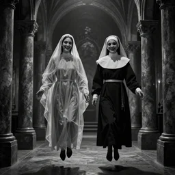 nightmare vision, short depth of field. black and white, award winning photo of smiling levitating twin nuns, wearing translucent sheet, Mary in a sanctuary, mirror hallways, eerie, tall columns, frightening —width 1024 —height 1024