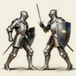 sketch of 2 knights in full knight armour having a duel, one has a long sword but small shield, the other has a dagger but big shield, professional, detailed