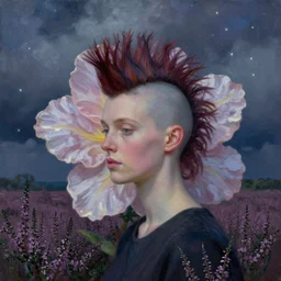 closeup, giant flower head under mohawk, woman in heather field, surreal photography, starlight, storm clouds, impressionist painting, digital painting, artstation, simon stalenhag
