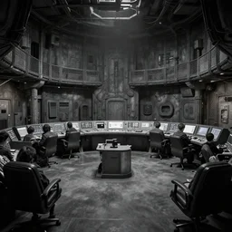 inside the control room of the nightmare factory by bill siekniewicz, greyscale,