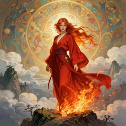 a beautiful fire bender girl, ginger hair with freckles, wearing flowing red robes inspired by alphonse mucha, standing on a mountain top with epic clouds and godlike lighting, intricate illustration and highly detailed digital painting. concept art by artgerm. inspired by brom art and larry elmore.
