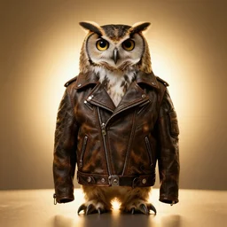 front of owl wearing biker jacket, portrait photo, full body, backlit, studio photo, golden ratio, buttons on jacket