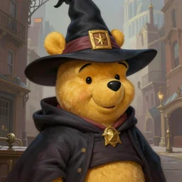 a portrait of winnie the poo as a wizard, upper half portrait, urban motifs, intricate, elegant, highly detailed, digital painting, trending on artstation, concept art, smooth sharp focus, illustration, art by artgerm and greg rutkowsk