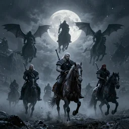 the wild hunt, spectres, riding in the sky, blizzard storm, fog, full moon, bad omen, in the style of the witcher series, hyperrealism, octane render, unreal 5, intricate digital art, 8 k hi - res