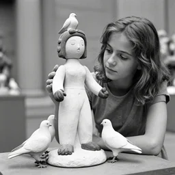 realistic photo of a a girl with a pigeons, ancient sculpture doll made of white clay and black brushwood, greyscale grain 1 9 6 0, life magazine photo, natural colors, metropolitan museum, kodak