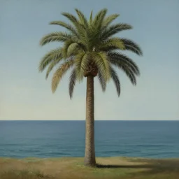 lonely island with a palm tree in the middle of the sea painting by rene magritte, high detail, high resolution