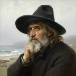 high detail high quality painting portrait of wise man with a large hat contemplating at the coast with fog by bouguereau and alyssa monks