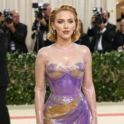 sexy Scarlett Johansson wearing  Translucent purple and Gold latex dress Met Gala photoshoot