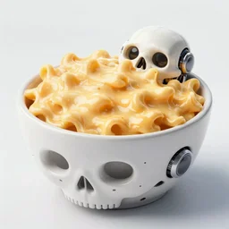 a bowl made out of a cyborg android skull filled with delicious mac n' cheese. photograph from a restaurant menu.
