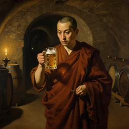 monk holding a beer mug, barrels in the background, cellar vault, lit by candlelight, painted by Rembrandt