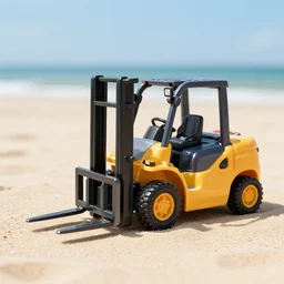 forklift toy on the beach, sunny day, vacation, photo, ultra realism