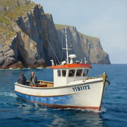 fishing boat in the sea, cliffs, detailed painting, 4 k, hd, realistic, digital painting, artstation, by aarons slim, by paul bonner, by cordal isaac