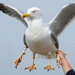 giant seagull with human arms, extremely realistic, extremely detailed