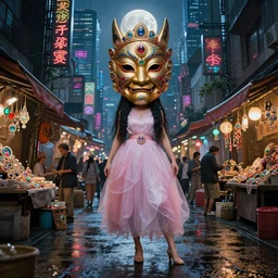 hyper realistic Princess Mononoke, ornate mask magic, wet market street, cyberpunk metropolis, city landscape, jewels, full body pose, full moon, style of tom bagshaw, mucha, james gurney, norman rockwell, denoised, sharp