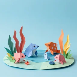 Origami sea creatures in a paper ocean diorama, 4k