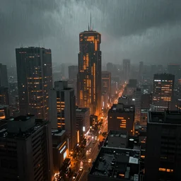 ghostpunk futuristic japan city view by eddie mendoza and greg rutkowsi, orange glow, rain, foggy, dark, moody, volumetric lighting, dirty