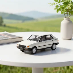 a small miniature of a Fiat Ritmo 1987 on a white table near a book and a vase with a plant, 3d render, octane render, unreal engine 5, path tracing, serene landscape, calm, relaxing, beautiful landscape, highly detailed, high quality, 4k, symmetrical, low contrast