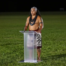 A Samoan in futuristic clothing standing on a translucent podium in the middle of a vast field at night.