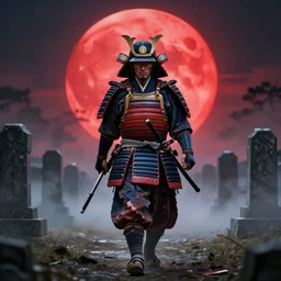 a battle - weary samurai in full armour walking after battle : : the armour is damaged but highly detailed with traditional detailing : : the samurai'emerges from a magical fog of a japanese cemetery with a giant crimson behind him : : the moon is illuminating the samurai's path = : glow hyper - realistic : : golden ratio