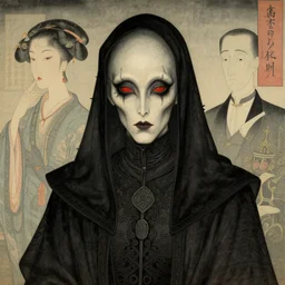 portrait of gothic kenku, highly detailed, artstation, in the style of moebius, jugendstil and classic japanese print, art by rene magritte and jean delville