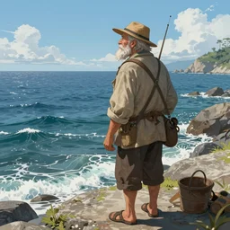 old gruff fisherman staring out to sea, very intricate, hd, extremely detailed, sharp focus, wide view, full body shot, smooth, digital illustration, by james jean, by rossdraws, frank franzzeta, mcbess, sakimichan, brosmin, danton fadeev, steve simpson