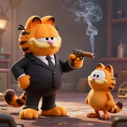Garfield the cat in a suit smoking a cigar, pointing a gun at Odie