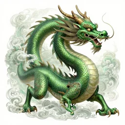 a beautiful full - body green chinese dragon, wisdom,, scrollwork magical detailed intricate heraldic design epic by peter mohrbacher and kentaro miura high details, in the style of jean delville, artstation, 8 k, tarmo juhola, ivan laliashvili, james gurney, moebius, roger dean, wlop, victo ngai, 4 k, cinematic