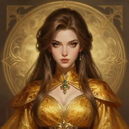 head-on symmetrical centered painted portrait, Megumin as a D&D wizard, amber robe, fantasy, intricate, elegant, highly detailed, digital painting, smooth, sharp focus, illustration, artstation, in the style of Artgerm and Anna Podedworna and Alex Ross