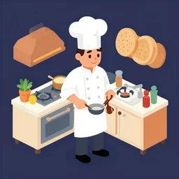 isometric flat art of a chef cooking in the kitchen