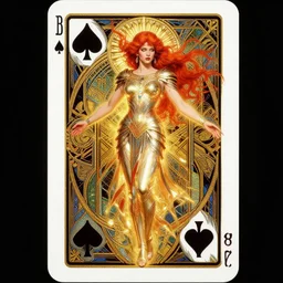 playing card of ascending full body redhead goddess ,  intricate armor, highly detailed, glowing, action pose, cinematic, Art Deco, gold filigree, ethereal, artgerm, alfonso mucha, zdzisław beksiński, Andrei ryabovichev, Shaun tan, Chriss foss, Peter mohrbacher, 8k
