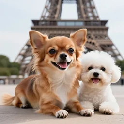 a photorealistic closeup image of a cute brown colored long haired chihuahua cocker spaniel dog with a happy white bichon frise dog in paris laying out in front of the eiffel tower. brightly lit. extreme detail. 4 k hd unreal engine